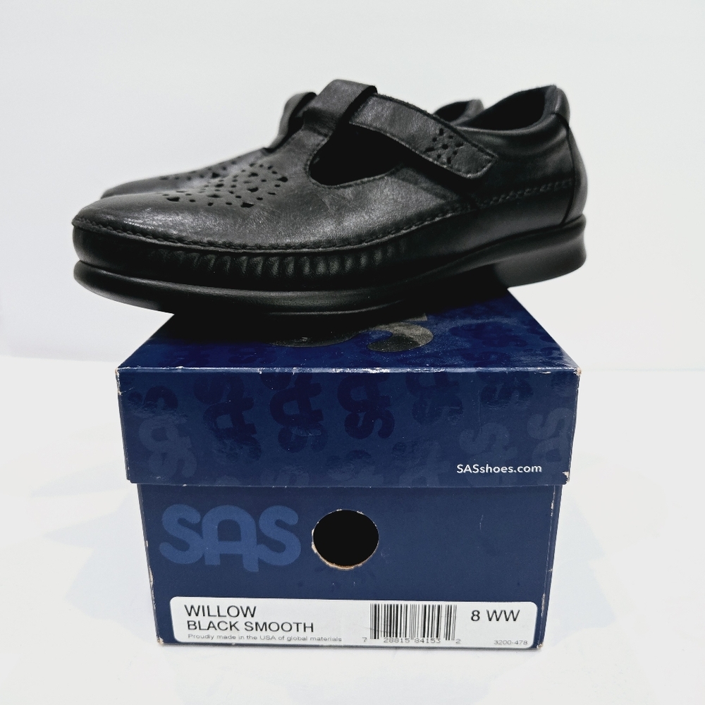 SAS Willow Black Leather Mary Jane T Strap Cutout Loafer Shoes 8 WW EUC